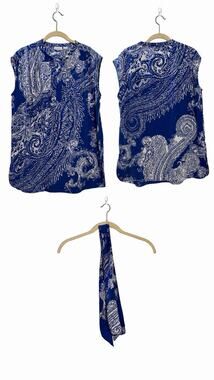 Liz Claiborne L Blue White Paisley Sleeveless Blouse Top w Scarf